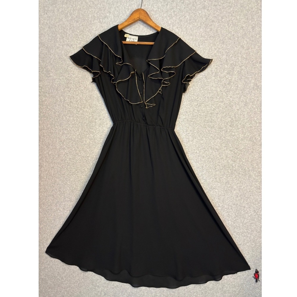 Vintage 70s Wendy One Womens 7 / 8 Black Ruffle Midi Dress Gold Trim Sheer Disco